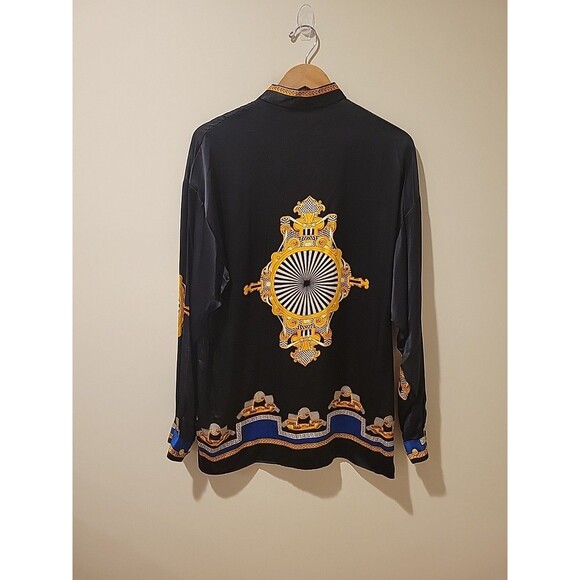 Vintage Creme De Silk Black/Gold Silk Button-Down Shirt Baroque Rotary Print L? - Picture 3 of 10
